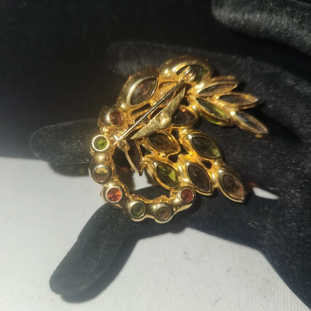 Vintage Amber Green Orange Rhinestone Layered Brooch Gold Tone Autumn Fall Jewel